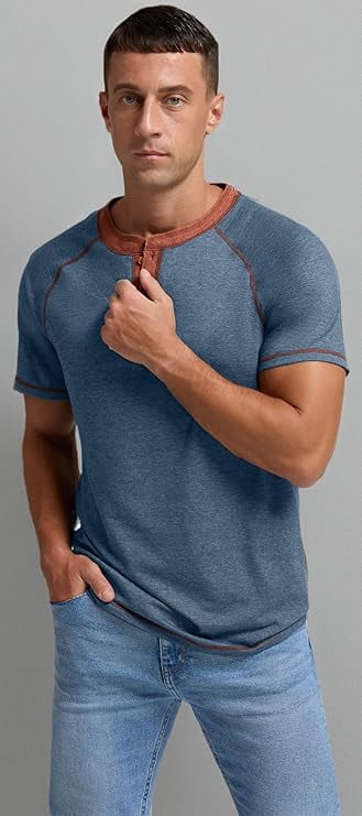 Classic henley style Three button henley closure, Mens Henley Short Sleeve T-Shirt Cotton Casual Shirt Mens ShirtsSummer Daily T-Shirts Blue L