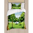 thumbnail image 1 of Forest Duvet Cover Set Twin Size, A Clear Day in the Woods Theme Cartoon Drawing Style Idyllic Summer, Decorative 2 Piece Bedding Set with 1 Pillow Sham, Green Pale Blue Caramel, by Ambesonne, 1 of 3