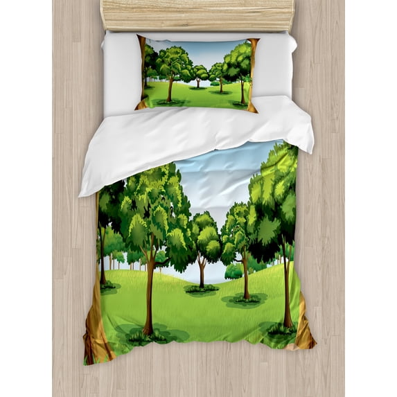 Forest Duvet Cover Set Twin Size, A Clear Day in the Woods Theme Cartoon Drawing Style Idyllic Summer, Decorative 2 Piece Bedding Set with 1 Pillow Sham, Green Pale Blue Caramel, by Ambesonne