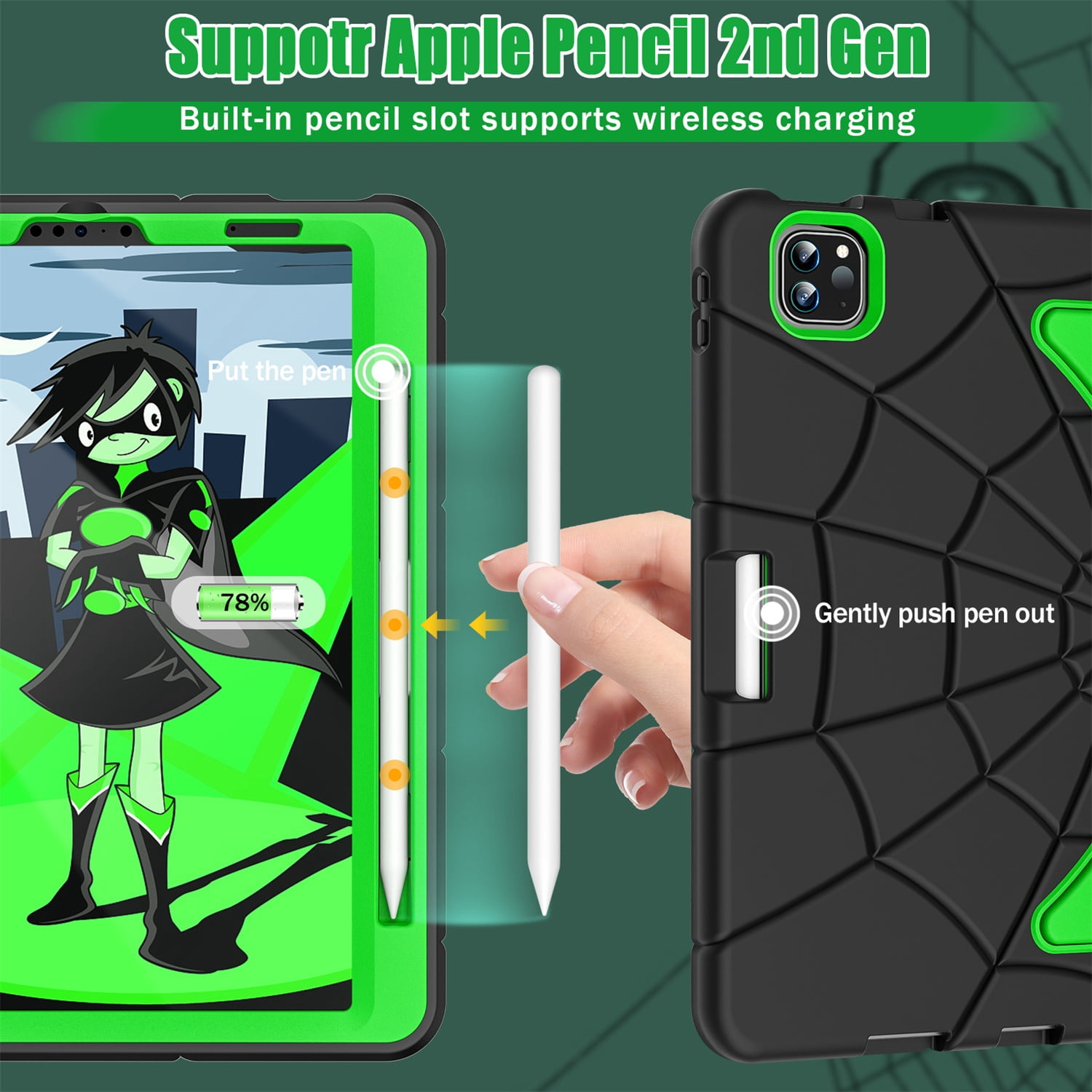 Kids Case for iPad 9th/8th/7th Generation with Pencil Holder, Lightweight Shockproof Stand Anti-Slip Rugged Silicone PC Case Cover for iPad 10.2" 2021/2020/2019 for Boys Girls, Black+Green