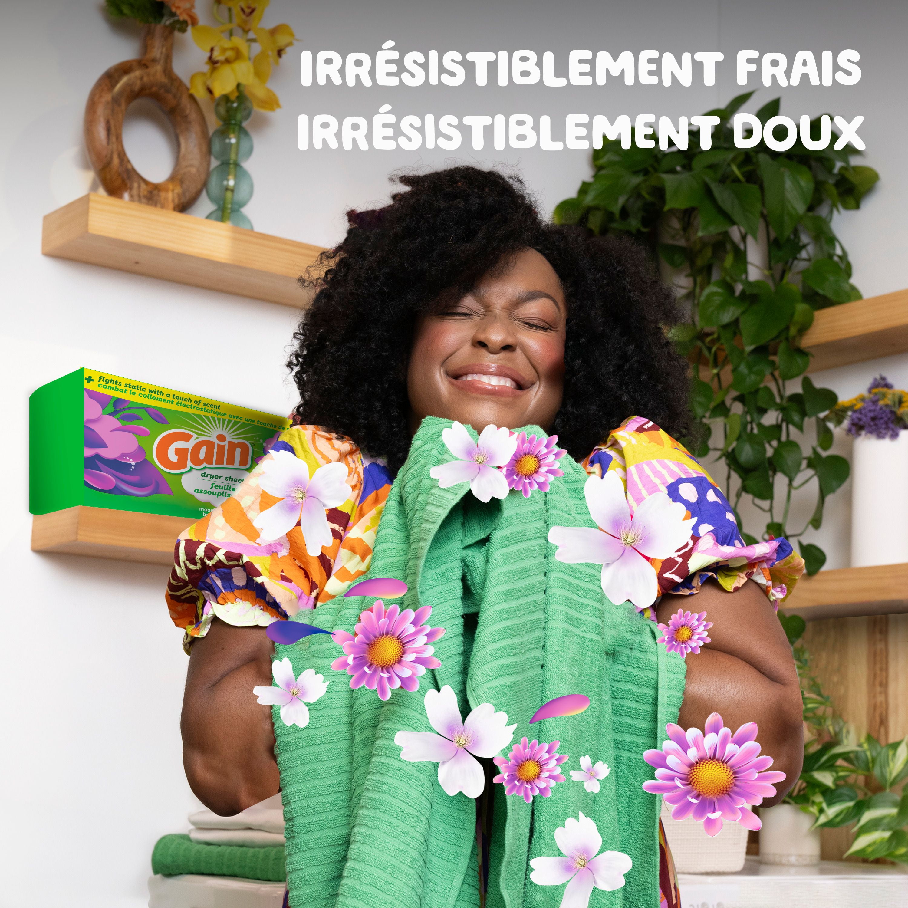 Feuilles assouplissantes Gain, combat le collement électrostatique avec un soupçon de parfum, feuilles pour la lessive, parfum Brise nocturne 200CT