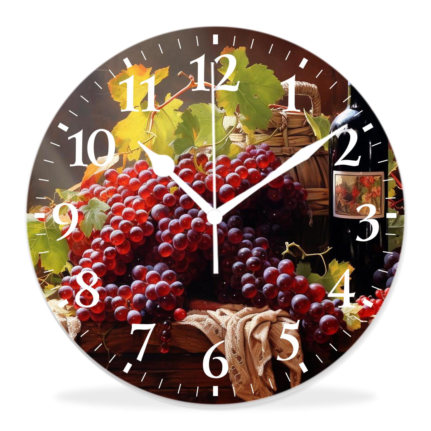 14 Inch Wall Clock Battery Operated Silent Clock Decorative for Office, Kitchen, Outdoor, Living Room,Wine Bottles Glass Oak Barrel Picture