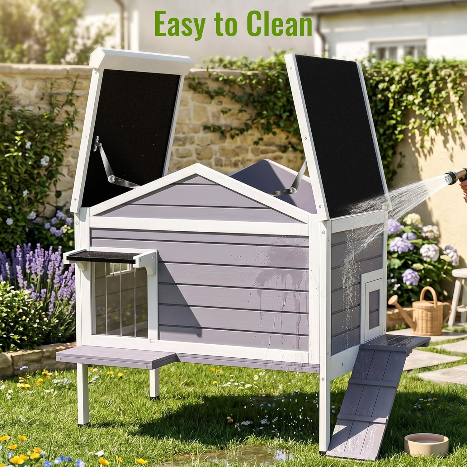 HomeSheek 32.6" Outdoor Cat House with Ramp & Side Door, Weatherproof Feral Cats Shelter Keep Safe, Easy Assembly & Cleaning, Indoor Outdoor Pet Home