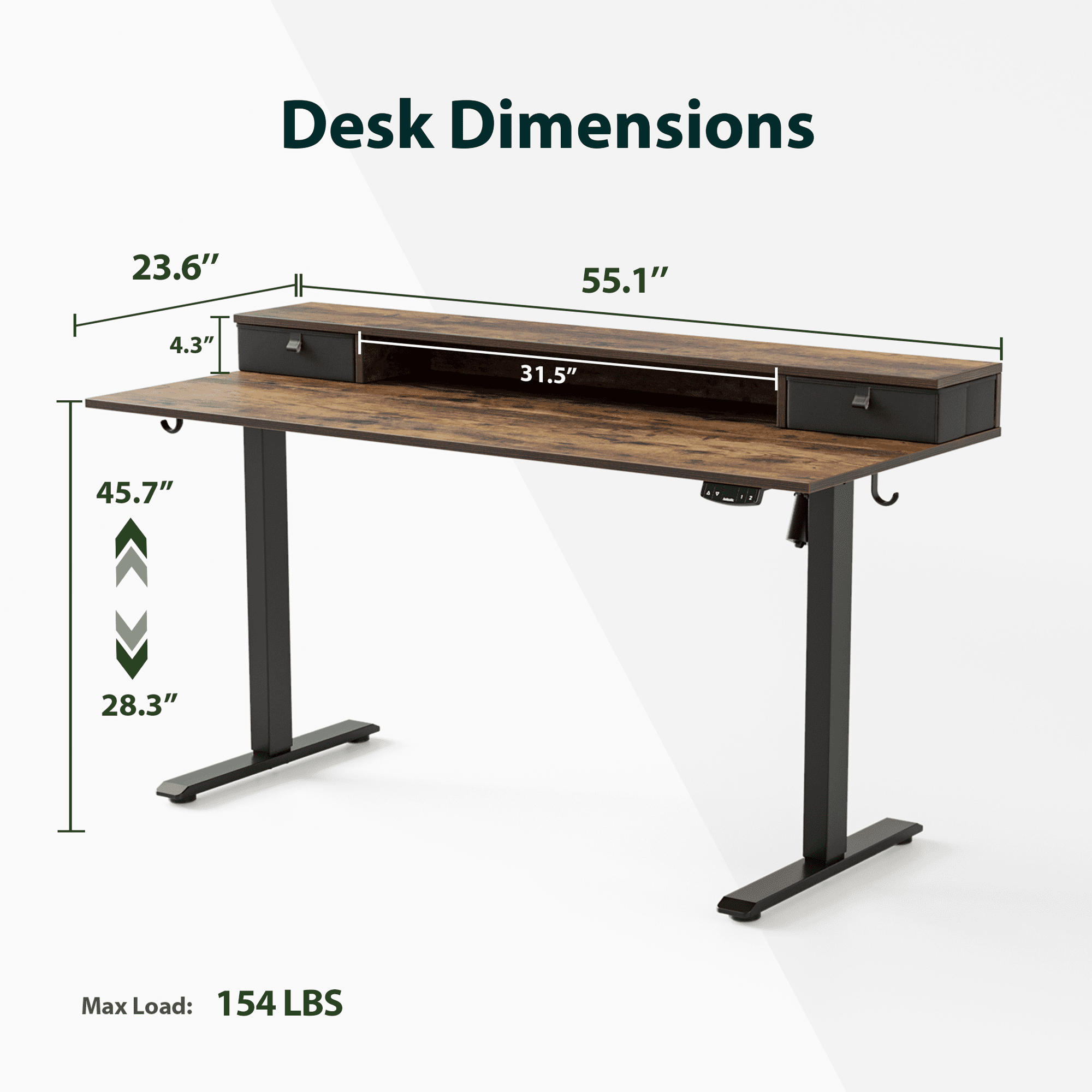 55.1 Inch Electric Standing Desk with 2 Drawers, Height Adjustable Desk with 2 Memory Keys, Ergonomic Sit-Stand Computer Desk with Hooks for Home Office, Rustic Brown