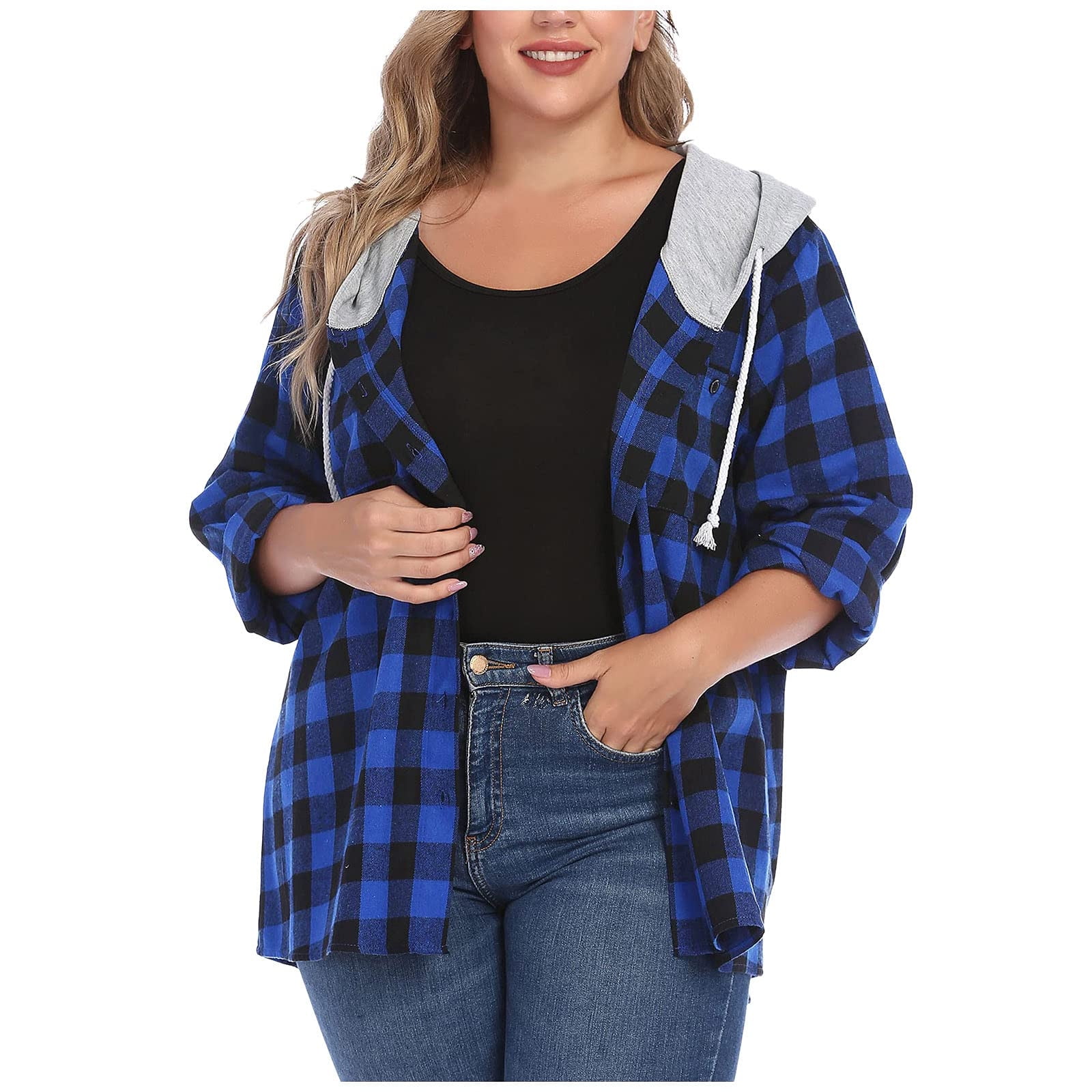 Plaid shirt with hoodie women's Clearance