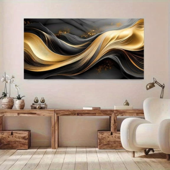 48x24 Inch Framed Canvas Wall Art Abstract Gold Wave Painting 2D Flat Modern Home Decor for Living Room