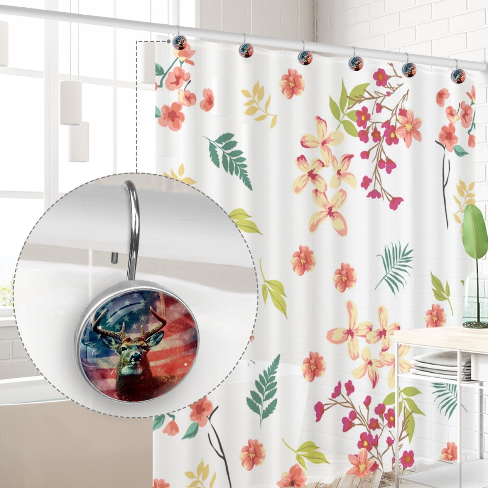 Deer and American Flag Shower Curtain Hooks （Set of 12） for Home Hotel Shower Rods Bathroom Crystal Glass Print Stainless Steel Round Curtain Hooks