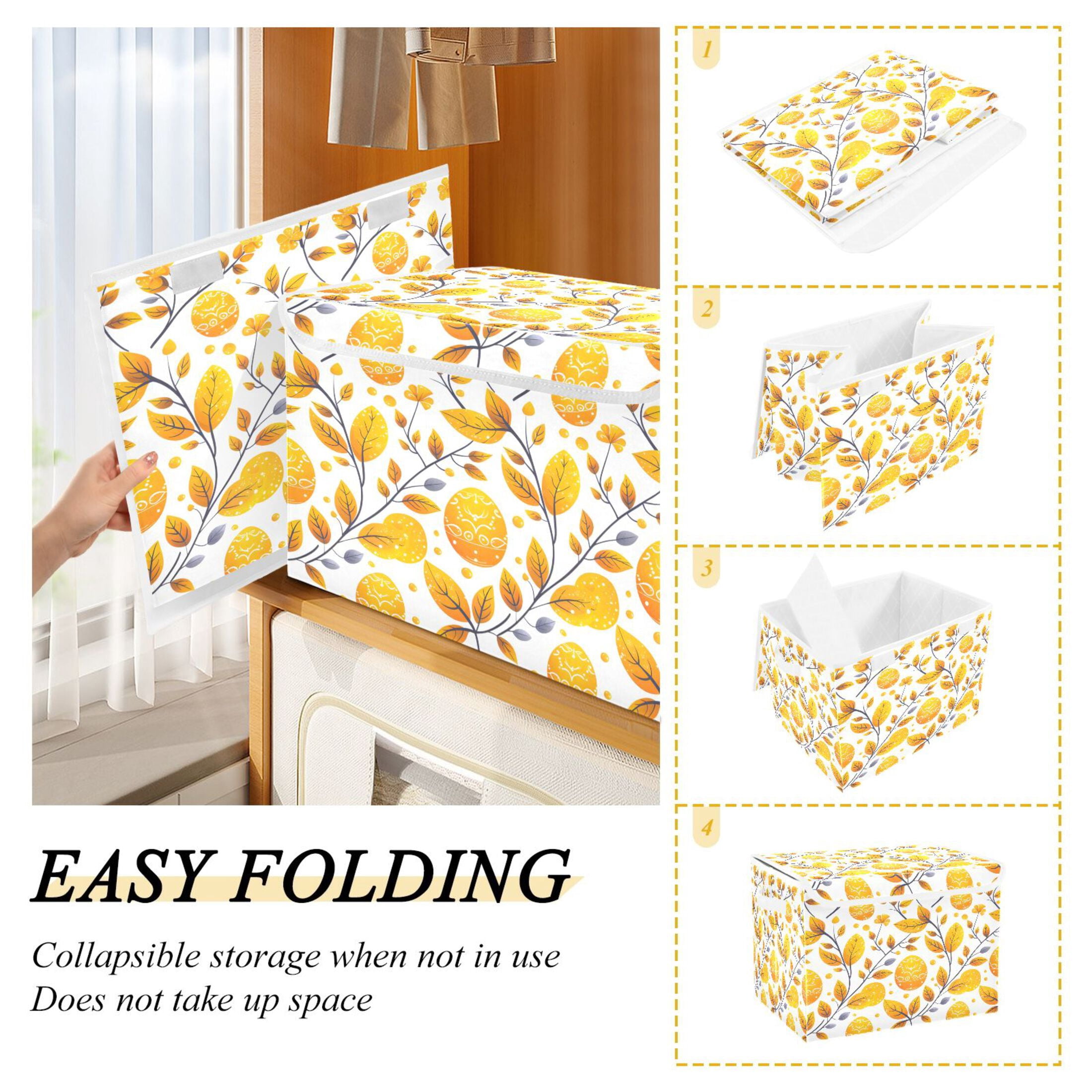 Ryvnso Easters Egg and Leaves Large Lidded Foldable Storage Baskets Cubes Boxes Lids Bin for Home