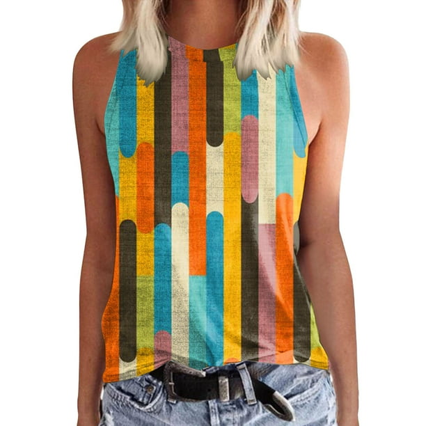Verano Tops Camisetas sin mangas de cuello redondo de verano a la moda para mujer, camisetas sin mangas ligeras estampadas, camiseta sin mangas gráfica holgada Sexy (Yellow, M)
