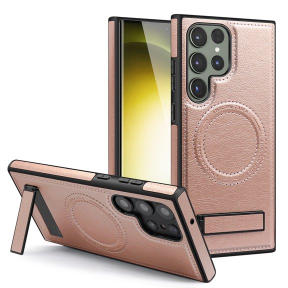 ELEHOLD for Samsung Galaxy S24 Magnetic Leather Case Premium Leather Strong Magnetic Mag Safe Compatible Invisible Folding Kickstand Shockproof Cover for Samsung S24,Rosegold