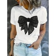 thumbnail image 1 of Women's Soft & Stylish Black T-Shirt with Sparkling Bow & Floral Embossing - Short Sleeve, Round NecCamisetas para mujer, lindas camisetas con estampado gráfico, de manga corta, estilo casual, para ve, 1 of 7
