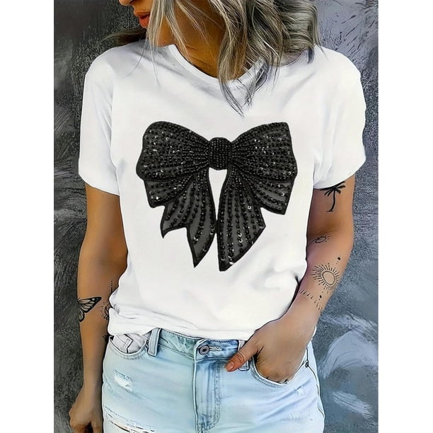 Women's Soft & Stylish Black T-Shirt with Sparkling Bow & Floral Embossing - Short Sleeve, Round NecCamisetas para mujer, lindas camisetas con estampado gráfico, de manga corta, estilo casual, para ve
