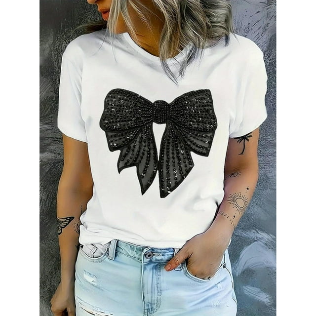 Women's Soft & Stylish Black T-Shirt with Sparkling Bow & Floral Embossing - Short Sleeve, Round NecCamisetas para mujer, lindas camisetas con estampado gráfico, de manga corta, estilo casual, para ve