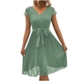 thumbnail image 2 of Puntoco Vestido De Manga Corta Con Cuello En V, Vestido Plisado De Color Liso Con Costuras De Encaje Para Mujer Verde Menta L, 2 of 7