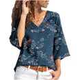 thumbnail image 2 of Okbop Womens Black Tops,Loose Sexy Floral Print Three Quarter Sleeve V-Neck T-Shirt Womens Tops And Blouses Christmas T Shirts for Women, 2 of 5