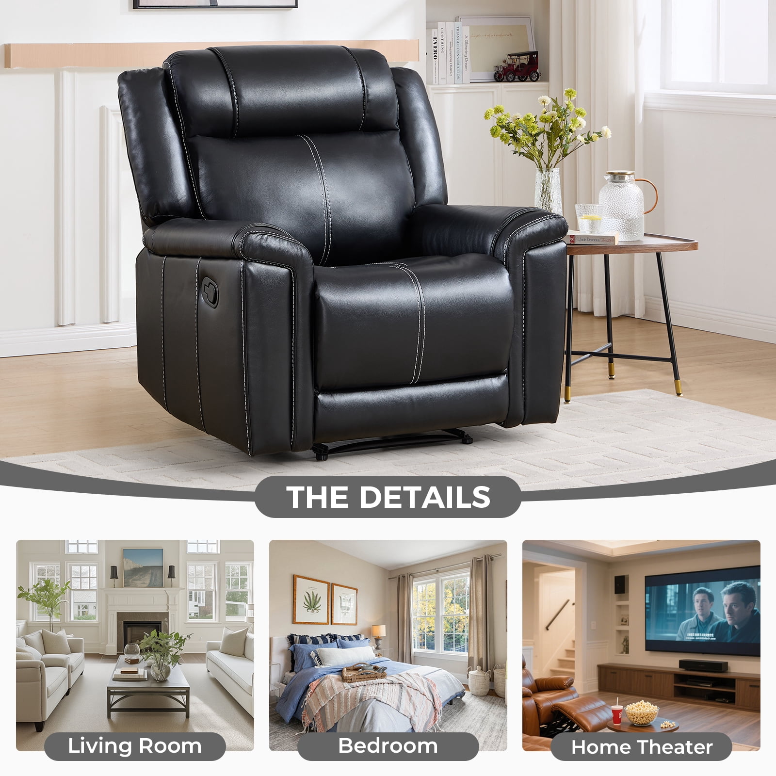 Ebello Faux Leather Manual Recliner, Mid-Century Modern Reclining Chair with Padded Headrest and Armrest for Living Room, Home Theater, Office, Black