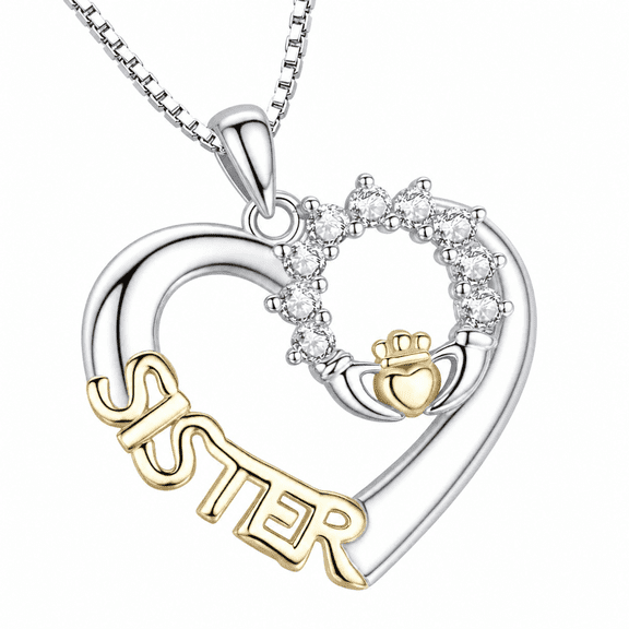 AURENIX Sister Necklace Heart Crystal Pendant Gold and Silver Plated Anti-Tarnish Necklace Jewelry