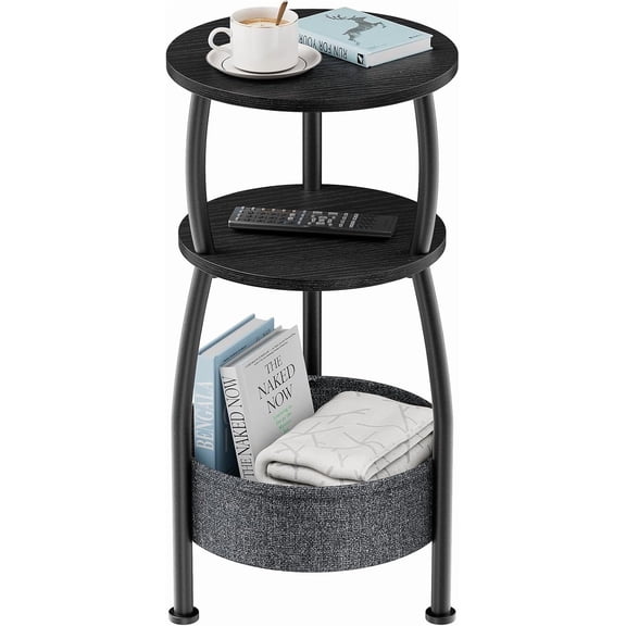 Small Round end Table for Living Room with Storage Basket –Small Space Saving End Table 3-Tier Accent Nightstand Couch Corner Table for Sofa, Bedroom, Patio and More 24in Tall Classic Black