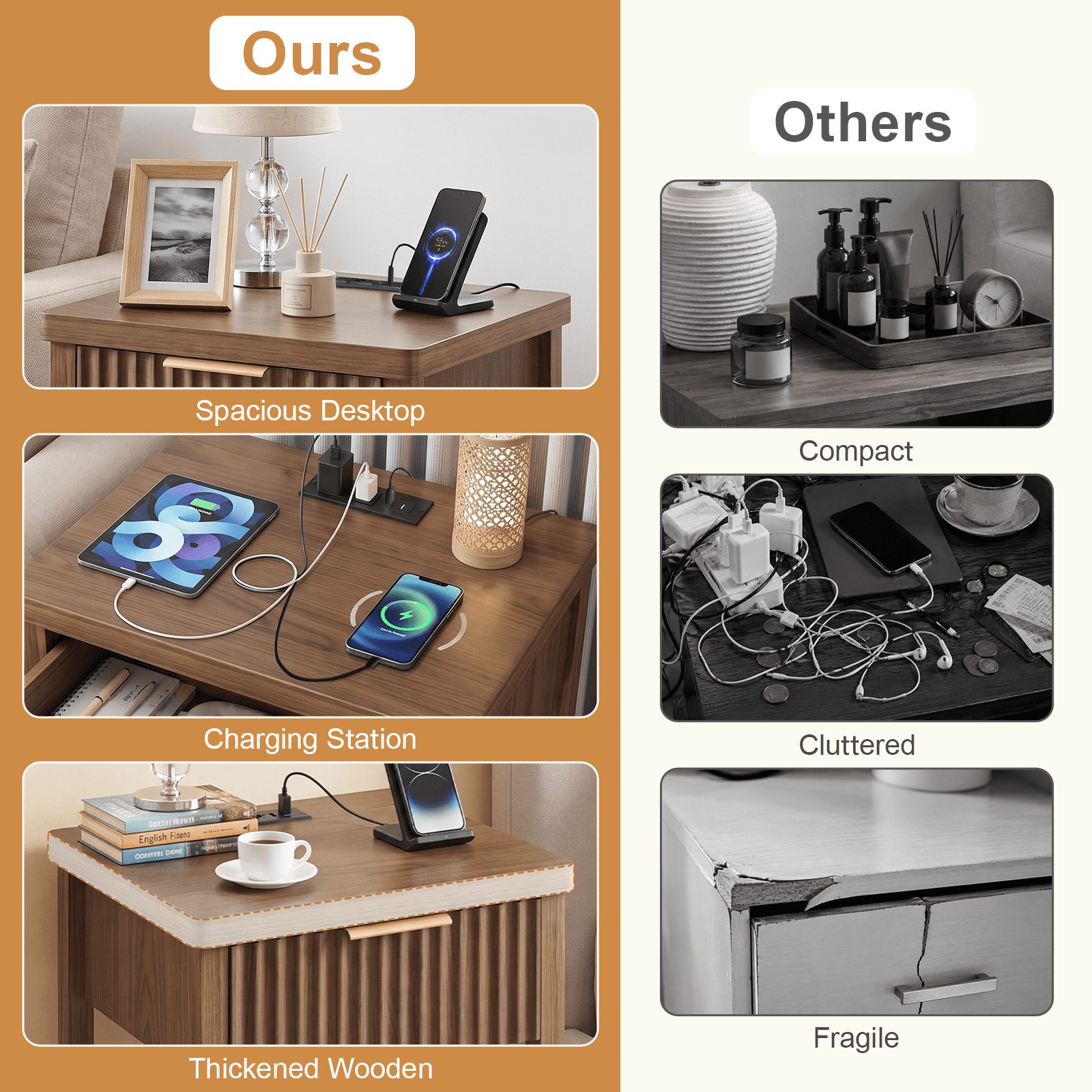 Fluted Wood Nightstand Set of 2, Walnut Bedside Table with Built-in Charging Station (2 AC, USB, Type-C), Storage Drawer & Open Shelf, Modern Side Table for Bedroom Living Room