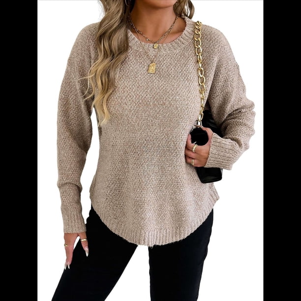 Suéter de Cuello Redondo para Mujer, Informal, Holgado, Cálido, Suave, Liso, de Larga, para Otoño e Invierno, Jersey de Punto. Albaricoque L