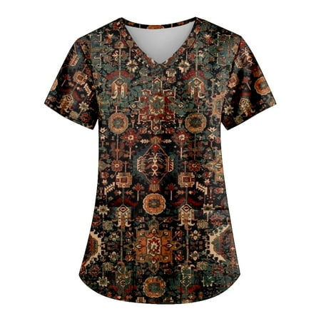 

Yyeselk Scrub for Women Clearance Casual V-Neck Short Sleeves Tunic Tops Trendy Fancy Graphic Print Working Shirts Blouses for Laides with Pockets Red S