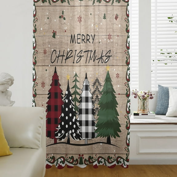 Xmas Tree,Semi Sheer Curtains Drapes for Living Room,Bedroom,French Doors Window 63 Inches Long,Christmas Farmhouse Snowflake Dot Plaid Berry Rod Pocket Chiffon Curtain Drapery Voile Draperies Panel