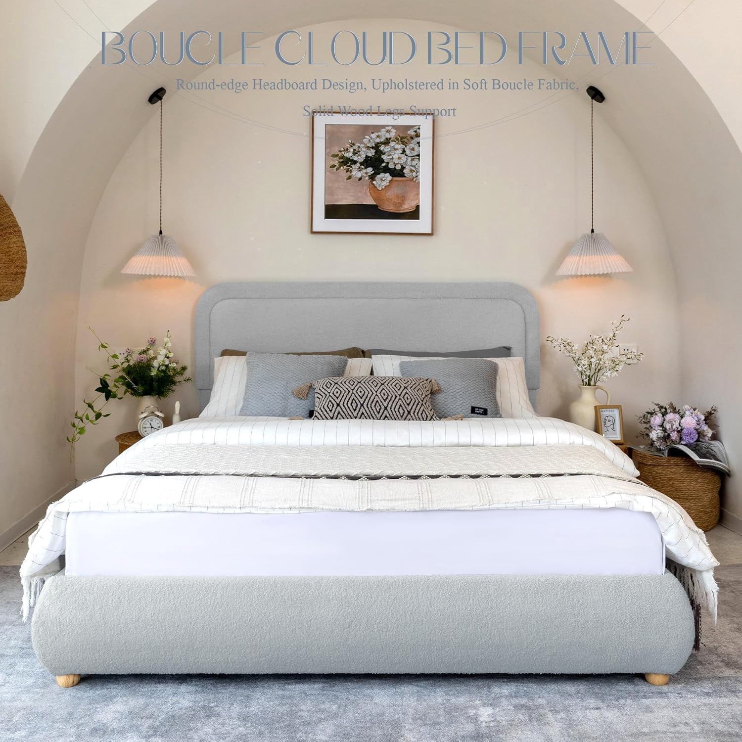 XIAO WEI Bouclé Cloud Queen Bed, Grey, Round Corner Headboard, Solid Wood Legs, Wooden Slats, No Box Spring, Easy Assembly