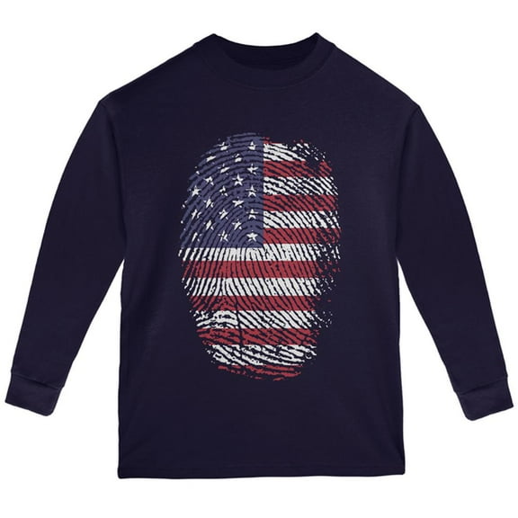 4th of July American Flag Pride Thumbprint Youth Long Sleeve T Shirt Navy YMD