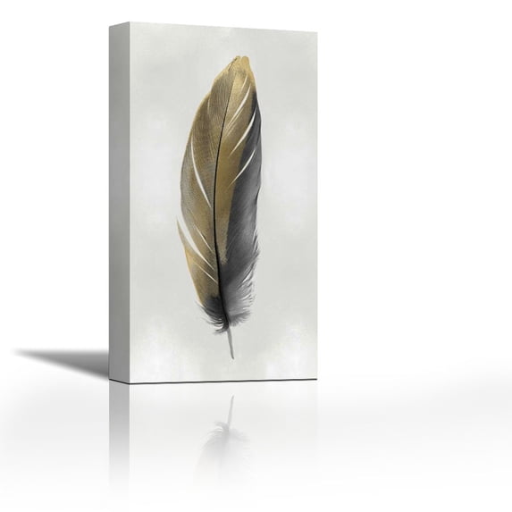 Gold Feather on Silver II - Contemporary Fine Art Giclee on Canvas Gallery Wrap - wall décor - Art painting - 18 x 36 Inch - Ready to Hang