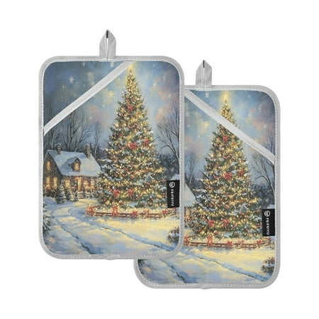 

Two Pieces Of Square Heat Insulation Pad Oven Mitts 7x9.8 Inch Oven Microwave Kitchen Cooking Baking Christmas House and Tree Picture
