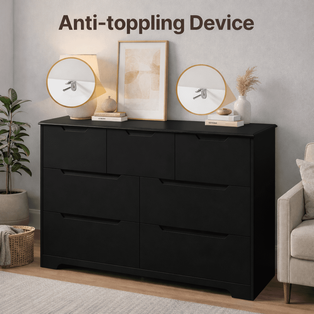7 Drawers Dresser, 47" Wide Chest of Drawers with Handle Free Design, Modern Storage Organizer with Metal Handles, for Bedroom, Living Room, Hallway, Office, Entryway, Black