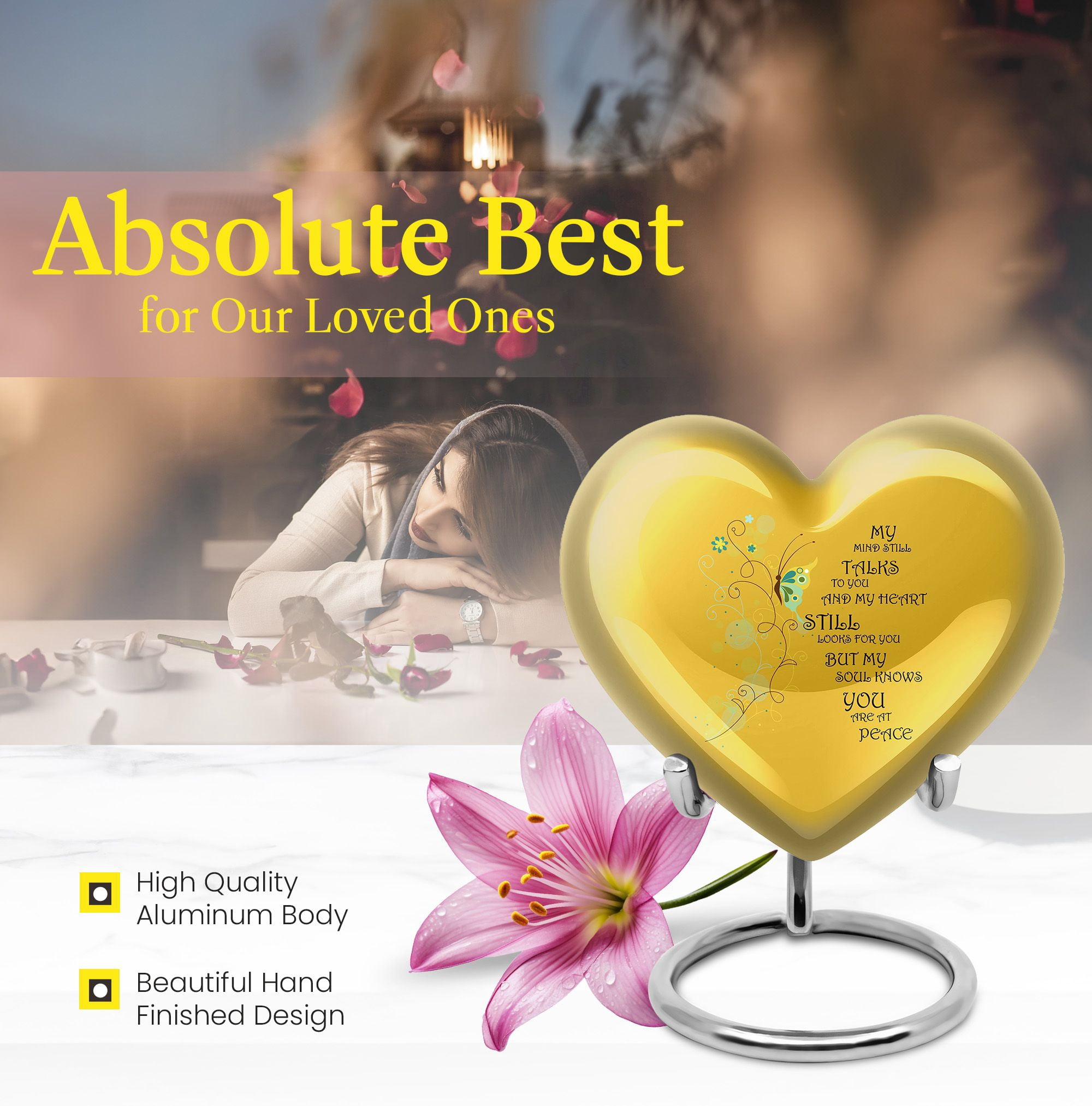 Beautiful Message On Yellow Urn Large Urns For Human Ashes Mom - Sophisticated Large Urn For Adult Female - Spacious Heart Urns 8 Inch