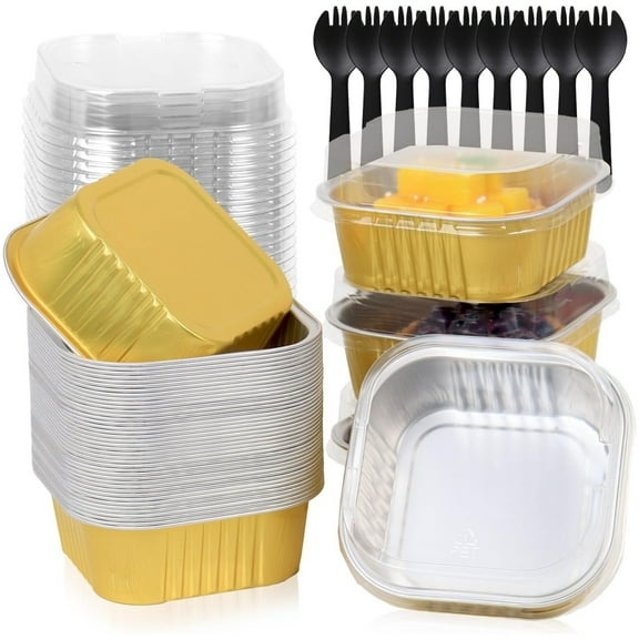 Topboutique Cupcake Liners 30 Pcs Aluminum Pans with Lids and Spoons 5 oz Foil Square Brownie Baking Cups Disposable Ramekins Baking Pan Containers for Wedding Birthday Party,Gold