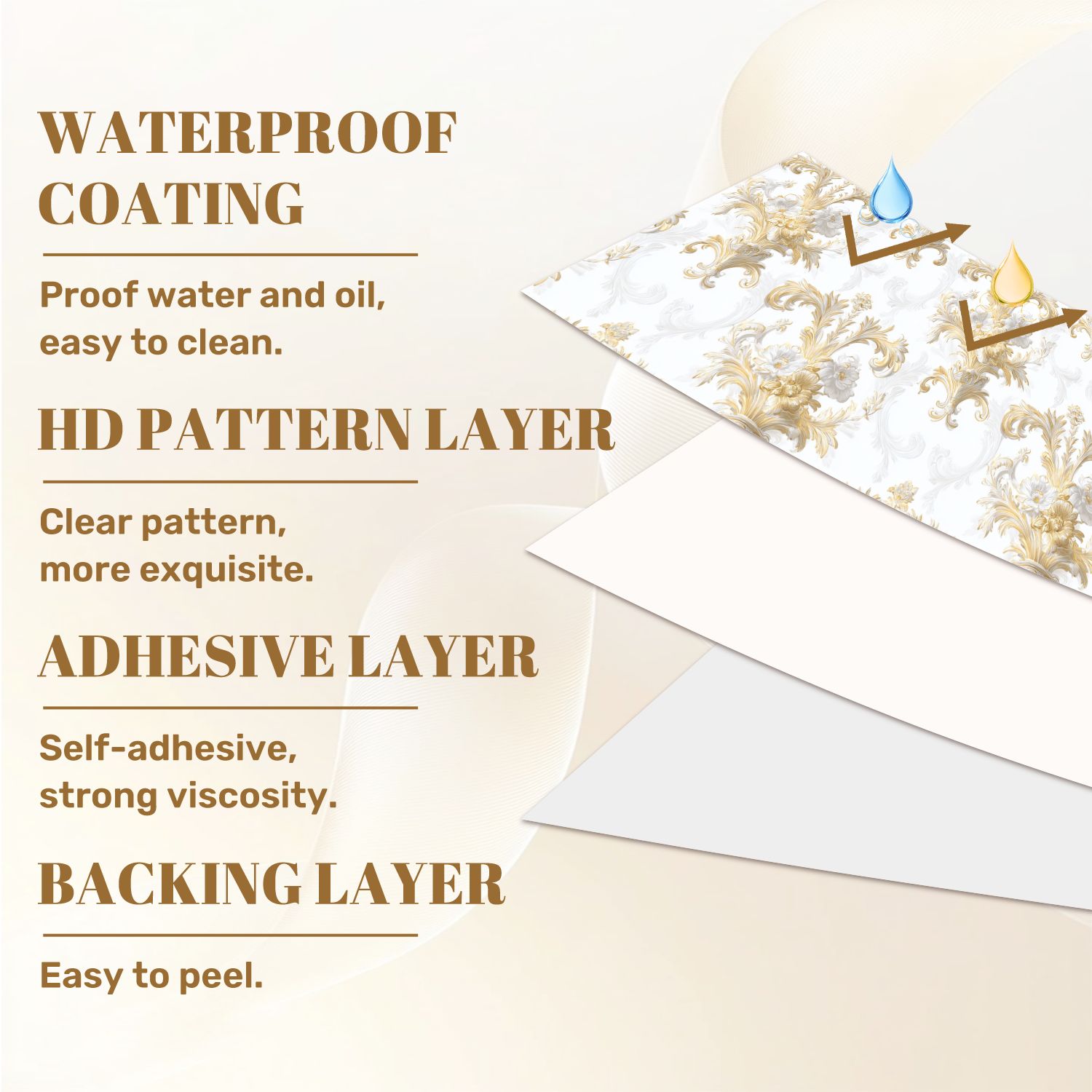 Vintage Peel and Stick Wallpaper 23.6in x 9.8ft Elegant Floral Damask Gold White Detailing Soft White Contact Paper Vinyl Waterproof Self Adhesive Wall Paper for Bedroom Shelf Cabinet