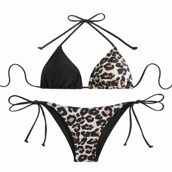 Women'S Triangle Bikini Set Black & Leopard L
