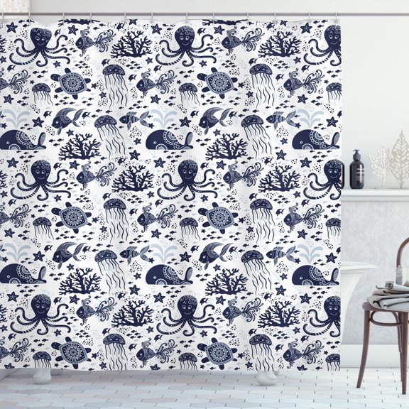 Ambesonne Nature Shower Curtain, Ornament Nautical Creatures, 69"Wx75"L, Indigo White
