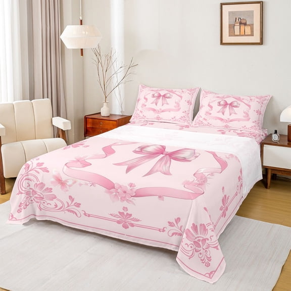 Feelyou Pink Bowknot Twin Sheet Sets, Bohemian Damask Flower Bedding, 3 Pieces
