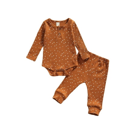 

Canrulo Infant Baby Girls Boys Clothes 2pcs Polka Dot Printed Long Sleeve Knit Romper Tops Pants Set Brown 0-3 Months
