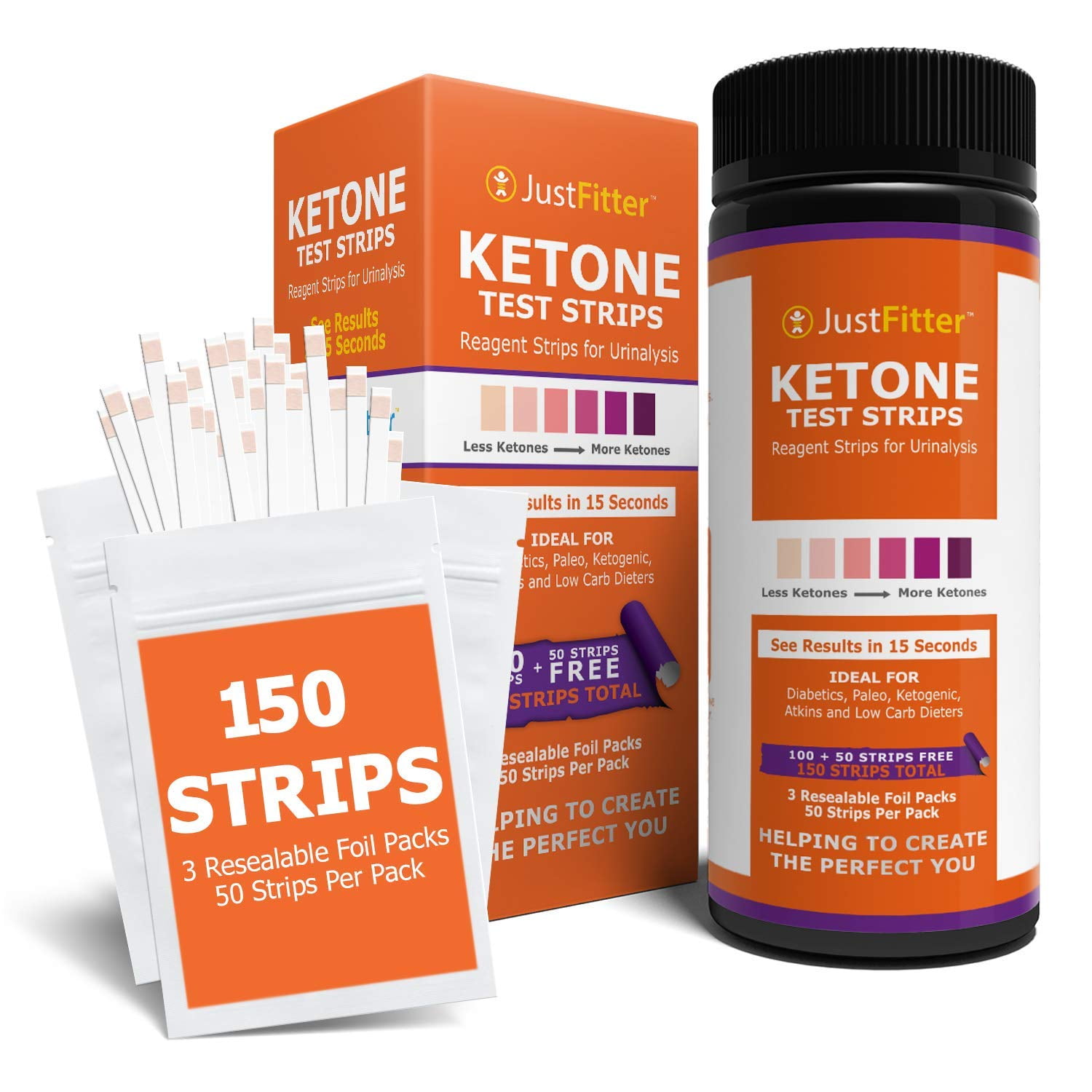 Ketone Keto Urine 150 Test Strips. 3 Resealable Foil Packs of 50 Strips