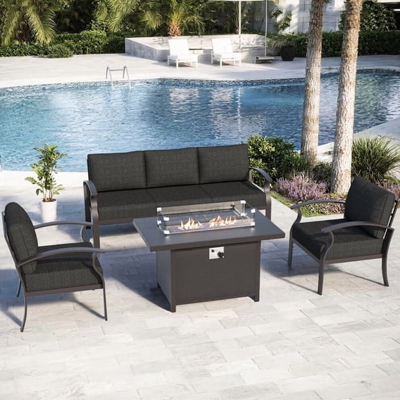 ALAULM Aluminum 5-seat Patio Sectional Sofas with Propane Fire Pit Table, Metal Outdoor Furniture for Porch, Backyard, Poolside-Black