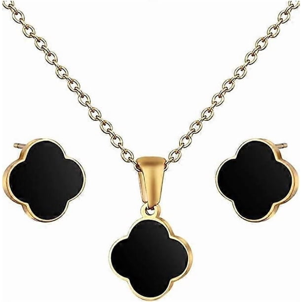 Lucky Four Leaf Clover Necklace Set 18k Gold Plated Stainless Steel Necklace and Earrings Jewelry Gift for Women and Girls