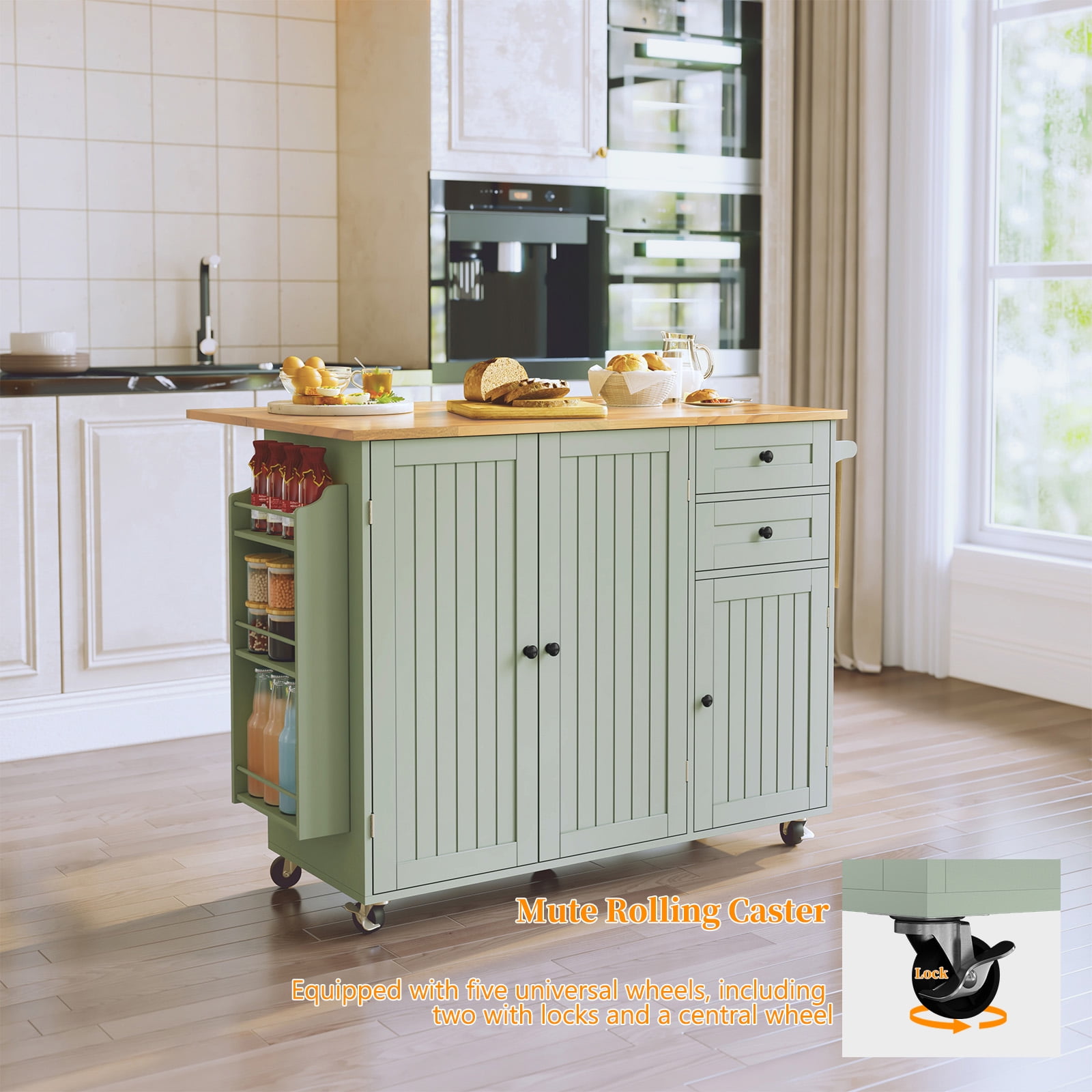 CBJCBJ 50.4" Kitchen Island with Storage, Wood Top Cart with Drop Leaf and Wheels, Green