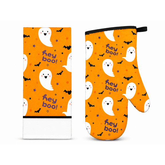 Halloween Kitchen Towels and Oven Mitt Set Hey Boo Ghost Orange Cotton 15 x 25 Inch Towel 7 x 13 Inch Heat Resistant