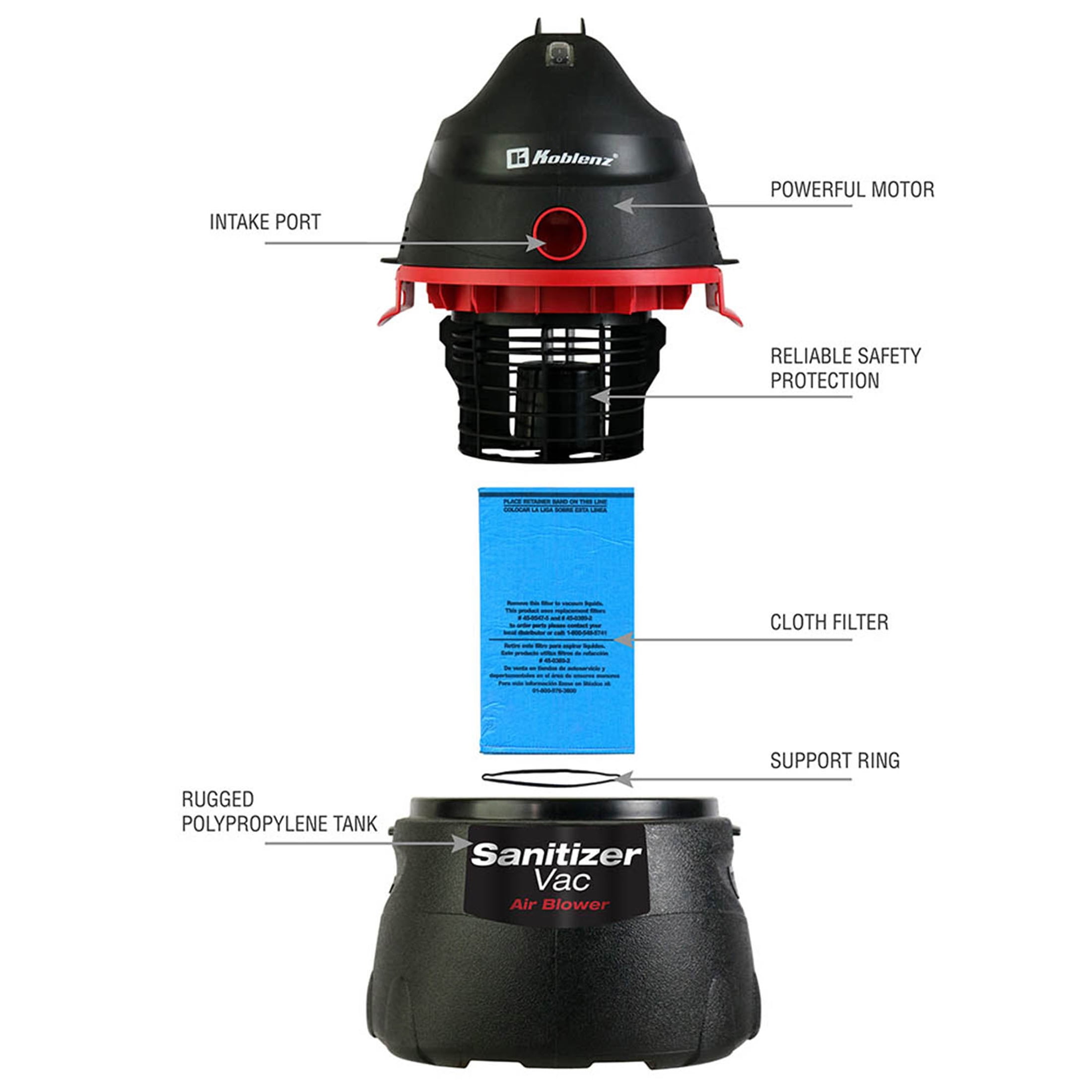 KOBLENZ WET/DRY VAC, 3 Gallon, 2 Peak HP with SANITIZER KIT shop vacuum (WD-390k2)