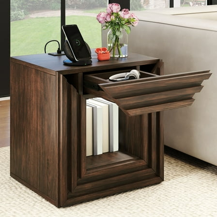 Craftian Side Table with Storage Drawer, Rustic Square Table with Charging Station, Walnut