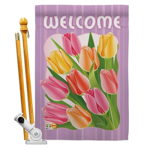 Breeze Decor BD-FL-HS-104066-IP-BO-D-IM10-BD 28 x 40 in. Welcome Tulips Spring Floral Impressions Decorative Vertical Double Sided House Flag Set with Pole Bracket & Hardware