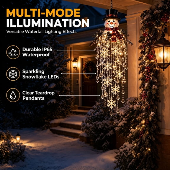 Crystal Cascade Christmas Light, Hanging Snowflake & Crystal LED Porch Decor, Glowing Christmas Hanging Chandelier Warm LED Lighted Indoor & Outdoor Holiday Light for Porches