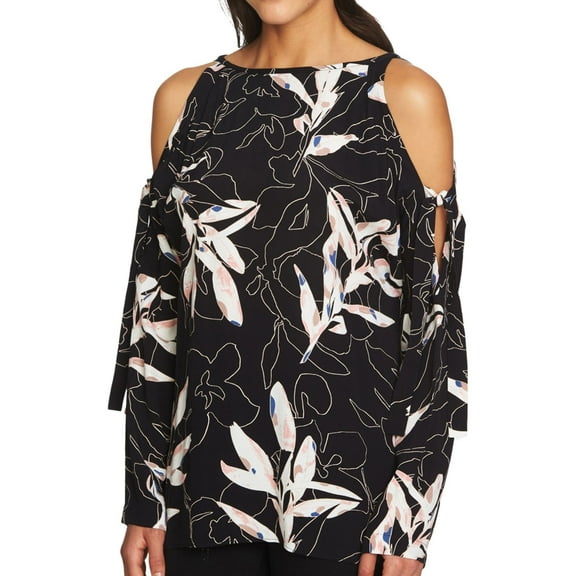 1.STATE Womens Botanical Knit Blouse, Black, Small