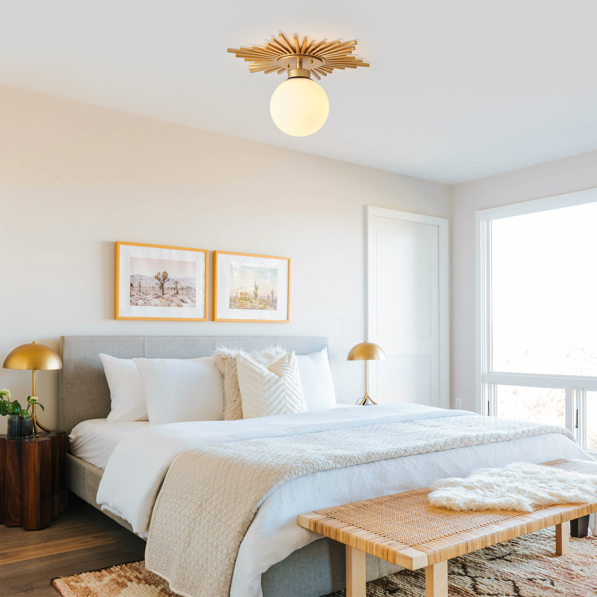 18" Modern Gold Glass Semi Flush Mount Globe Ceiling Light for Living Room, Bedroom, Hallway