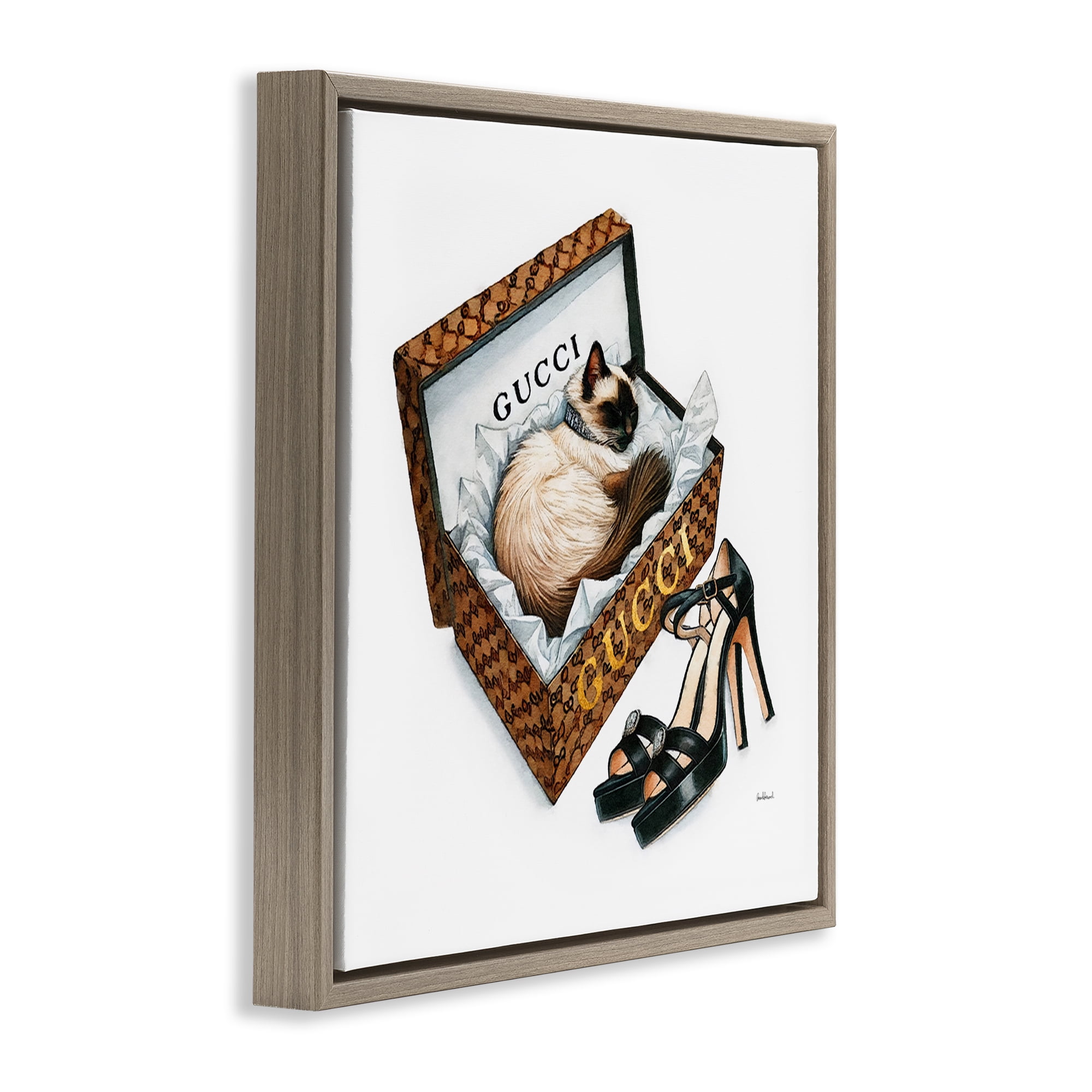 Stupell Industries Glam Cat Shoebox Animals Painting Brown Floater Framed Canvas Art Print Wall Art, 18 x 18